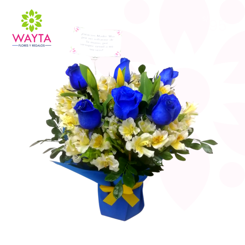 Rosas azules con tulipanes amarillos